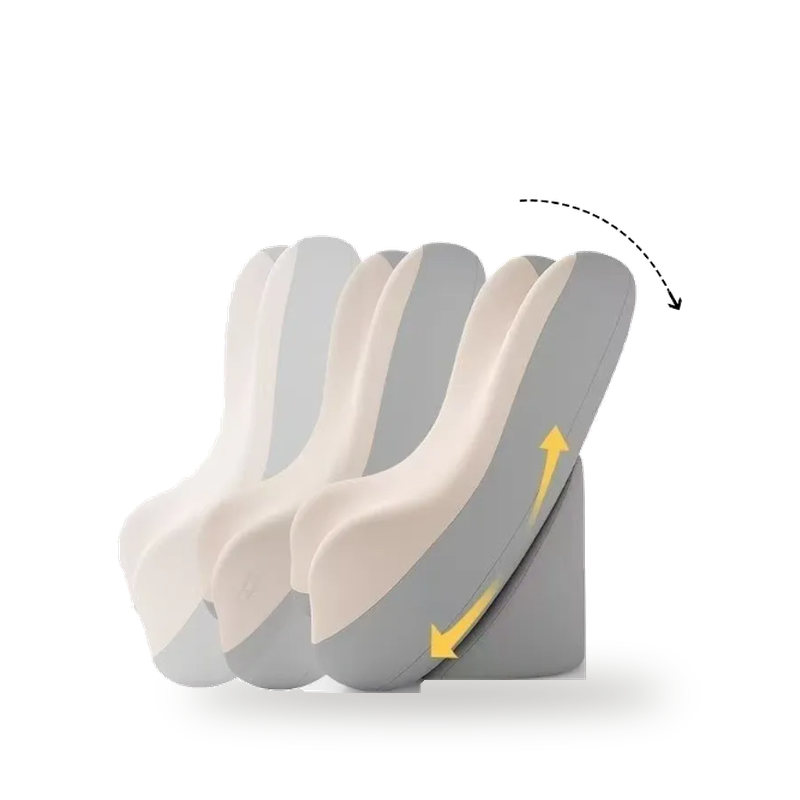 Lumbra lumbar cushion's split backrest tilting back on its wedge base to adjust the recline angle