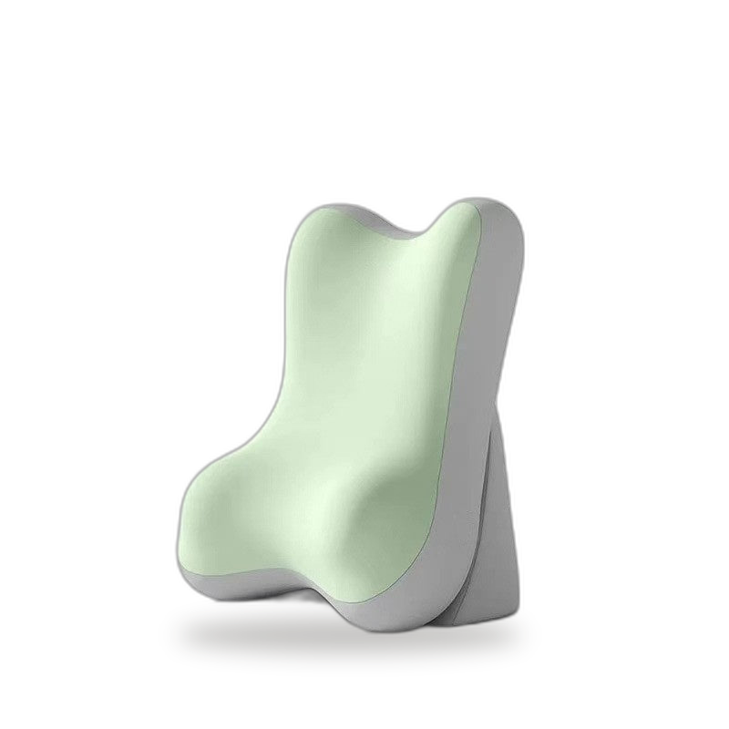 Lumbra memory foam lumbar support cushion in apple green and grey two-tone, side view