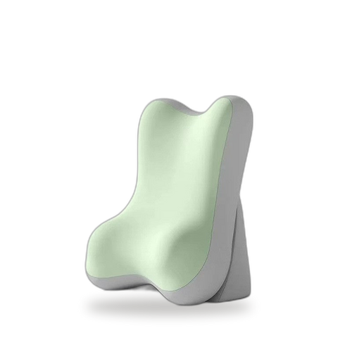Lumbra memory foam lumbar support cushion in apple green and grey two-tone, side view
