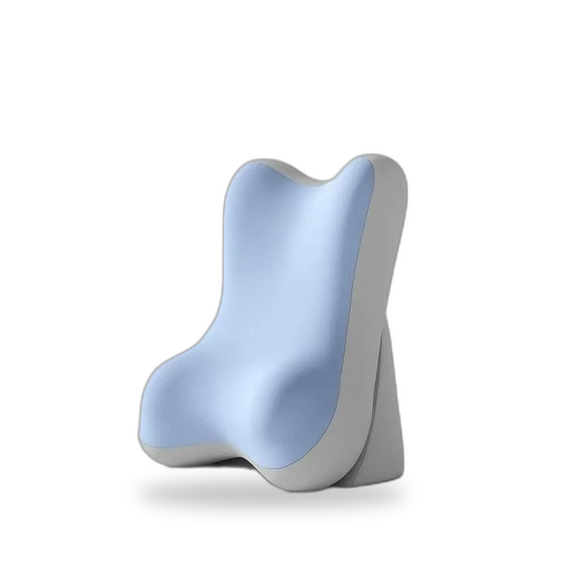 Lumbra memory foam lumbar support cushion in blue and grey two-tone, side view
