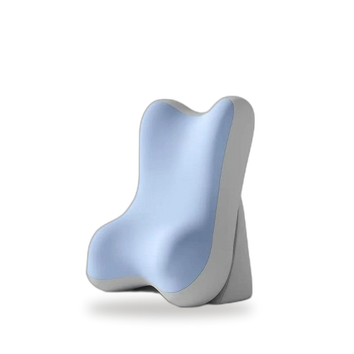 Lumbra memory foam lumbar support cushion in blue and grey two-tone, side view