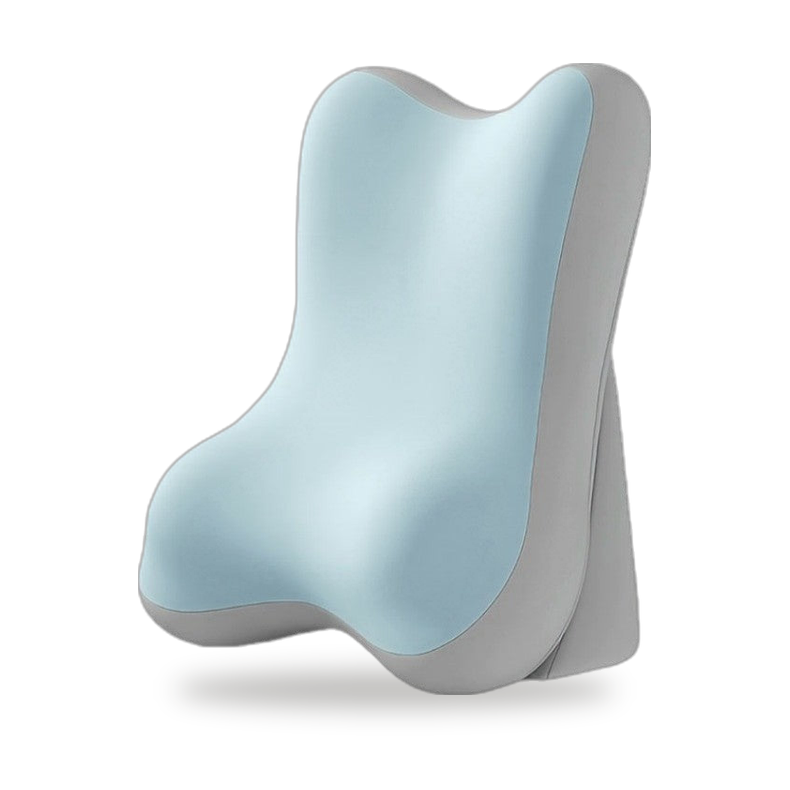 Lumbra memory foam lumbar support cushion in light blue and grey, front three-quarter view