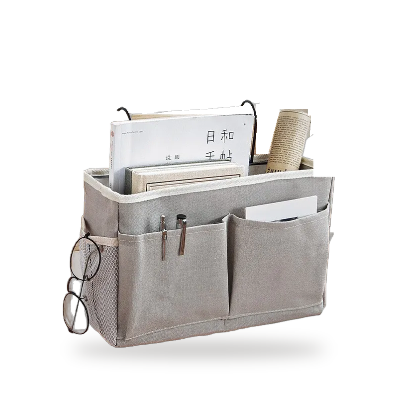 Grey cotton-linen hanging storage organiser with front pockets and mesh side pockets