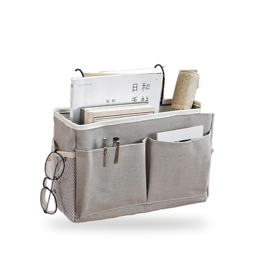 Grey cotton-linen hanging storage organiser with front pockets and mesh side pockets